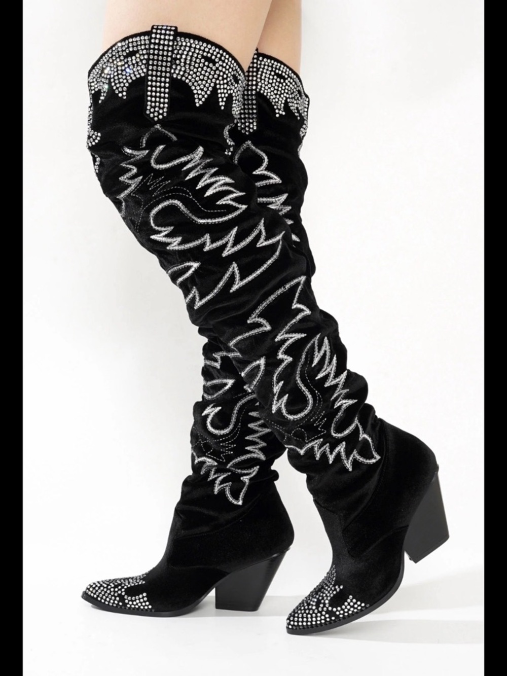 Black Velvet Rhinestone Embroidered Over-the-Knee Western Cowboy Boots Sz 8.5